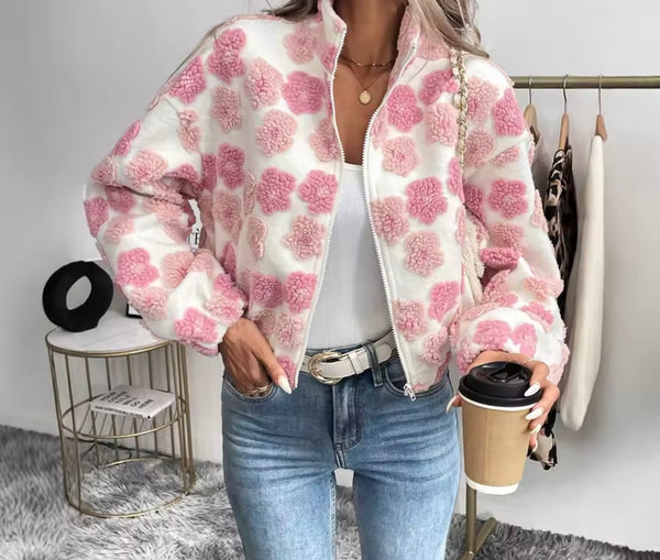 Women Zip Up Pink Floral Fashion Jacket