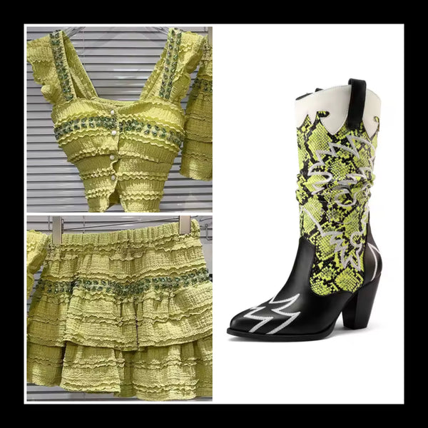 Women Sleeveless Bling Ruffled Sexy Two Piece Skirt Set