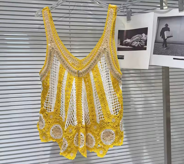Women Rhinestone Sleeveless Color Patchwork Knitted Tank Top