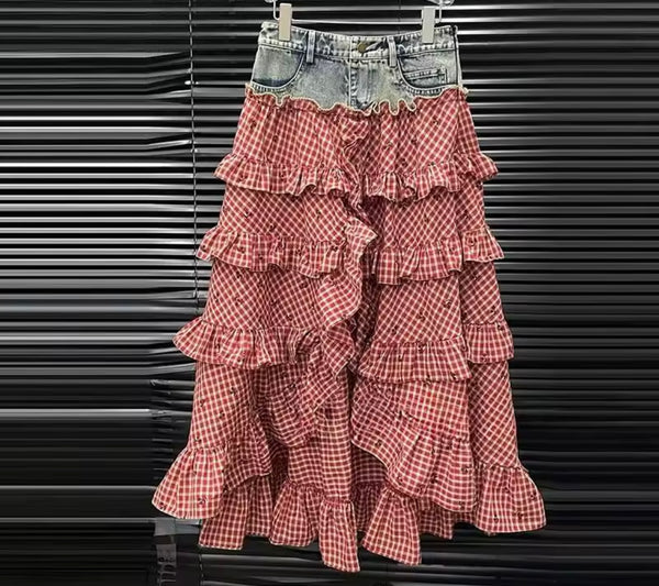 Women Red Plaid Denim Patchwork Two Piece Maxi Skirt Set