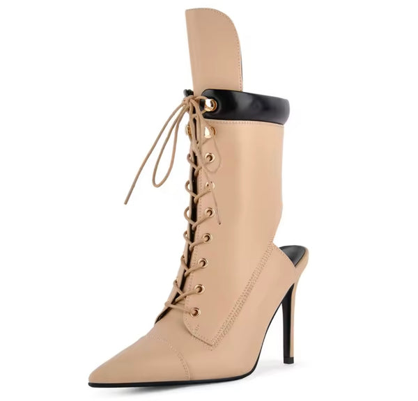 Women Fashion Pointed Toe Lace Up Cut Out High Heel Ankle Boots