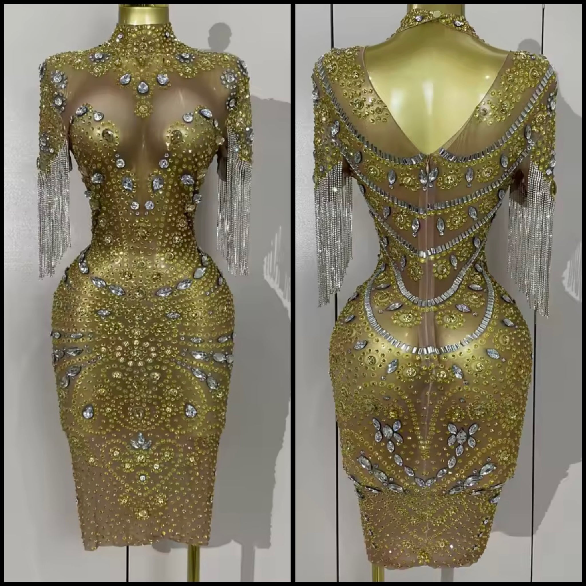 Women Sexy Short Sleeve Rhinestone Tassel Mesh Dress