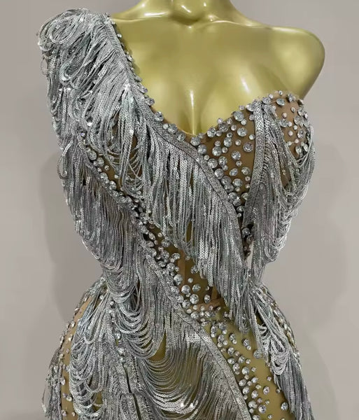 Women Sexy Sleeveless Silver Sequins Tassel Rhinestone Mesh Dress