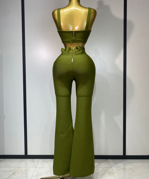 Women Color Sleeveless Sexy Crop Two Piece Pant Set