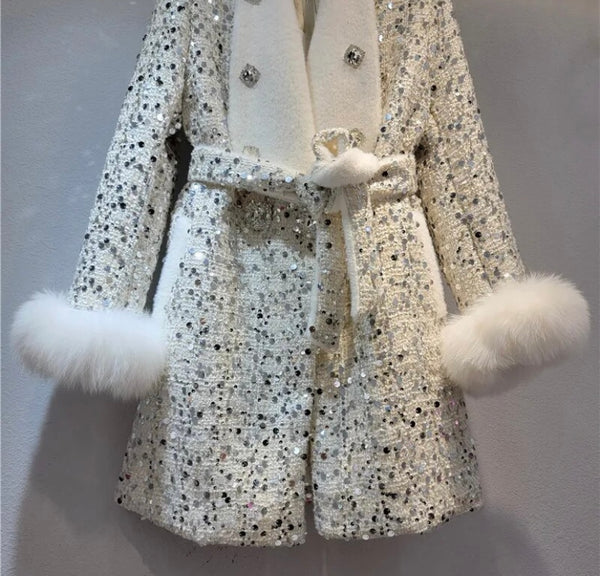 Women Warm Fashion Faux Fur Patchwork Crystal Sequins Trench Jacket