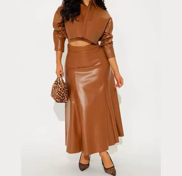 Women Sexy Faux Leather Button Up Full Sleeve Two Piece Maxi Skirt Set