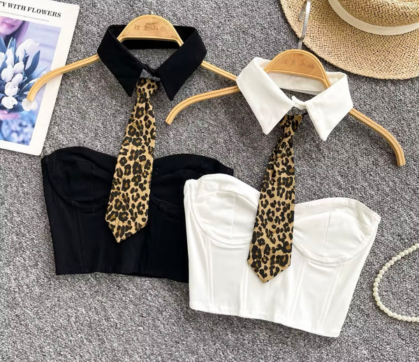 Women Strapless Collar Leopard Tie Fashion Crop Top