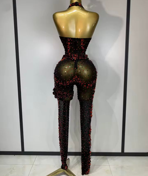 Women Black Sexy Sleeveless Red Rhinestone Mesh Jumpsuit