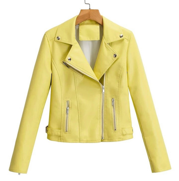 Women Fashion Zipper Color Faux Leather Jacket