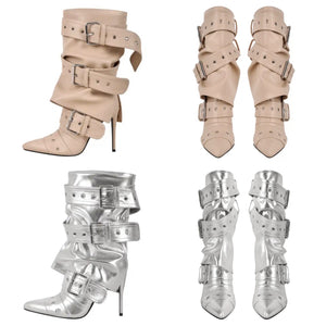 Women Fashion Pointed Toe Buckled High Heel Ankle Boots