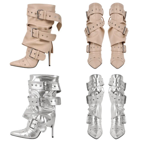 Women Fashion Pointed Toe Buckled High Heel Ankle Boots