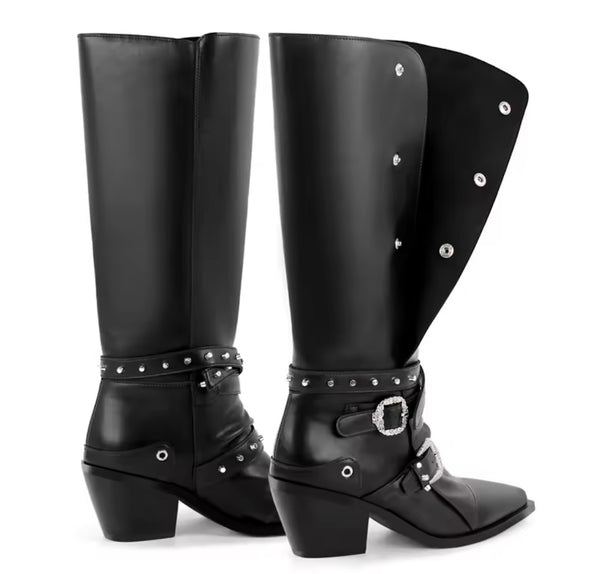 Women Fashion Black Buckled Button Knee High Western Boots