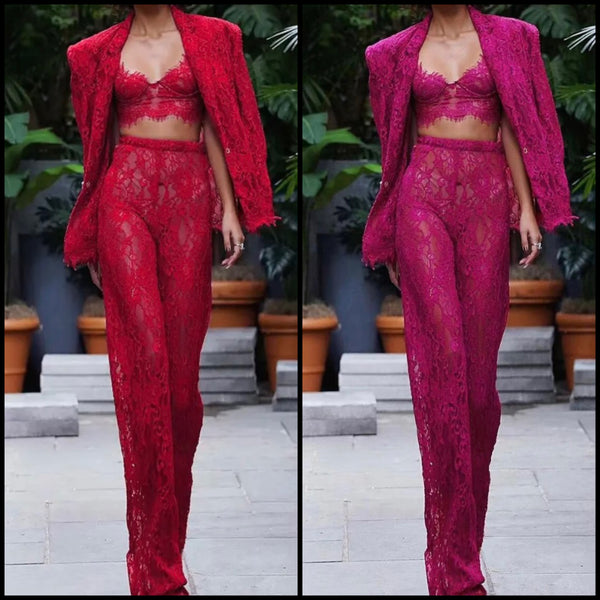 Women Sexy Fashion Lace Three Piece Pant Set