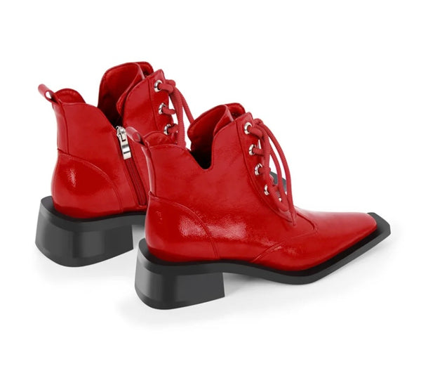 Women Pointed Toe Patent Leather Lace Up Flat Ankle Boots