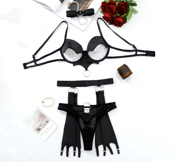 Women Sexy Black Cut Out Mesh Metal Lingerie Set