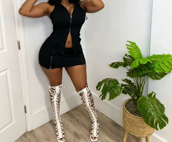 Women Sexy Zip Up Sleeveless Hooded Two Piece Skirt Set