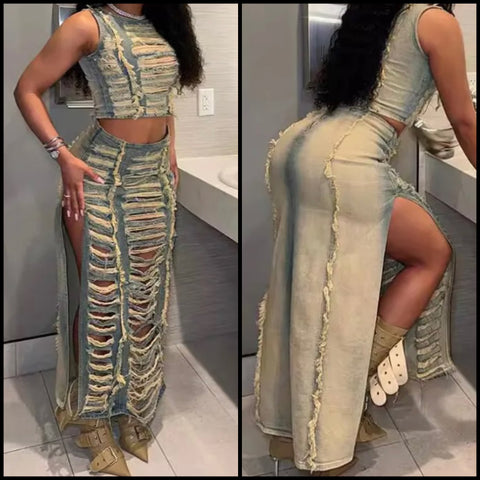 Women Sleeveless Fashion Fringe Ripped Two Piece Denim Maxi Skirt Set