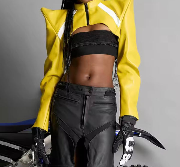 Women Yellow Fashion Faux Leather Zip Up Crop Jacket