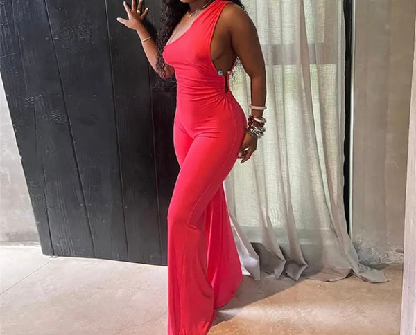 Women Sexy Solid Color One Shoulder Sleeveless Jumpsuit