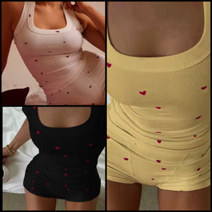 Women Sleeveless Ribbed Heart Print Lingerie Set