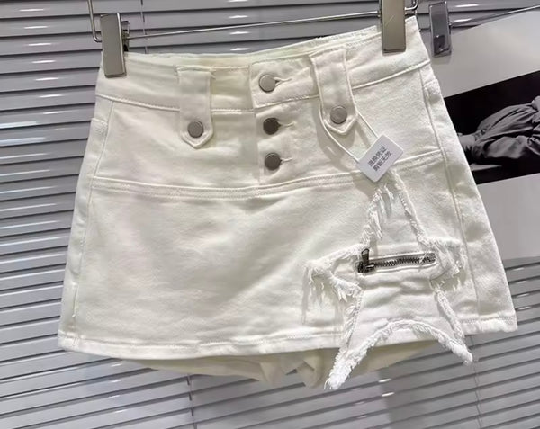 Women Fashion Zipper Star Button Up Denim Wrap Shorts