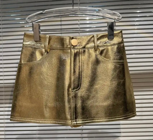 Women Gold Fashion Faux Leather Skirt