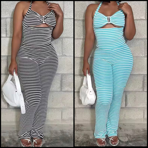 Women Sexy Striped Halter Sleeveless Two Piece Pant Set