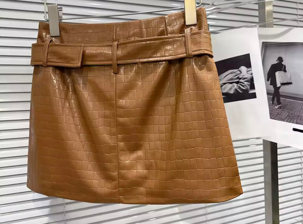 Women Sexy Fashion Color Faux Leather Belted Skirt