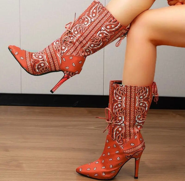 Women Printed Lace Up Fashion Ankle Boots