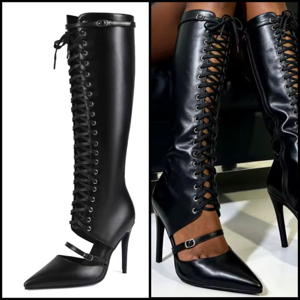 Women Fashion Black Pointed Toe Buckled Lace Up Knee High Boots
