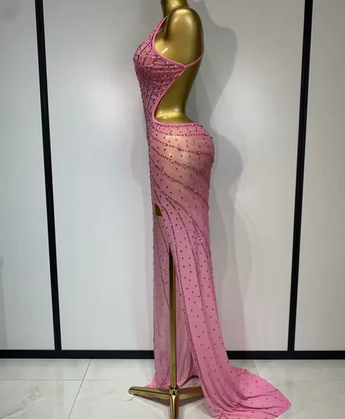 Women Pink Halter Sleeveless Color Rhinestone Mesh Maxi Dress