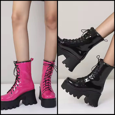 Women Fashion Patent Leather Lace Up Platform Ankle Boots