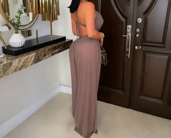 Women Sexy Sleeveless Beaded Mesh Cut Out Jumpsuit