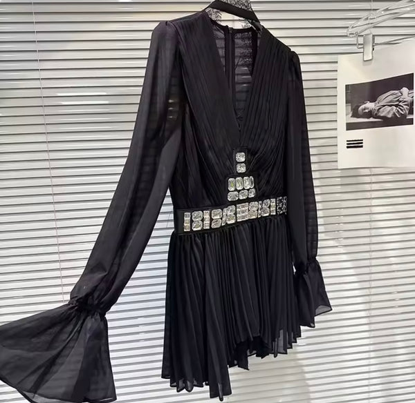Women Sexy Crystal Chiffon Ruffle Full Sleeve Two Piece Pleated Skirt Set