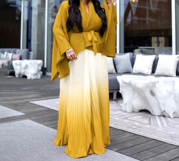 Women Full Sleeve Gradient Two Piece Pleated Maxi Skirt Set