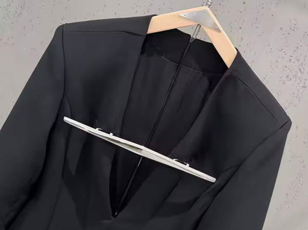 Women Black Brooch Design Blazer Two Piece Maxi Skirt Set