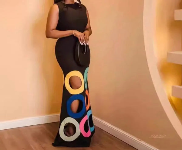 Women Black Sexy Sleeveless Color Cut Out Circle Maxi Dress