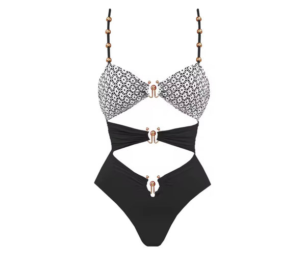 Women Sexy Color Printed Metal Cut Out Swimsuit Cover Up Set