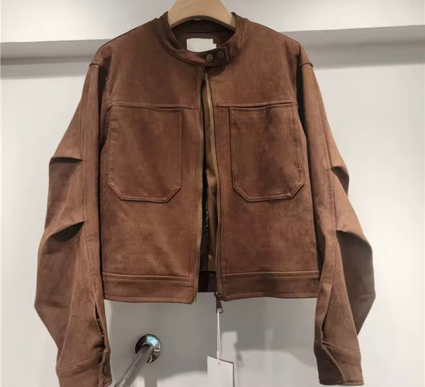 Women Brown Suede Zip Up Jacket Two Piece Short Set