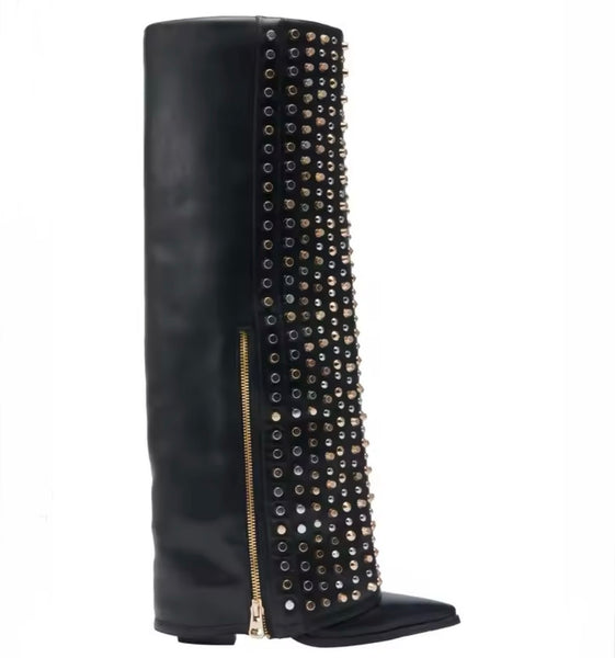 Women Fashion Rivet Zipper Knee High Boots