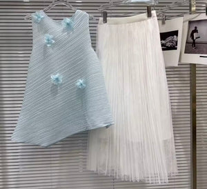 Women 3D Floral Sleeveless Pleated Two Piece Maxi Skirt Set