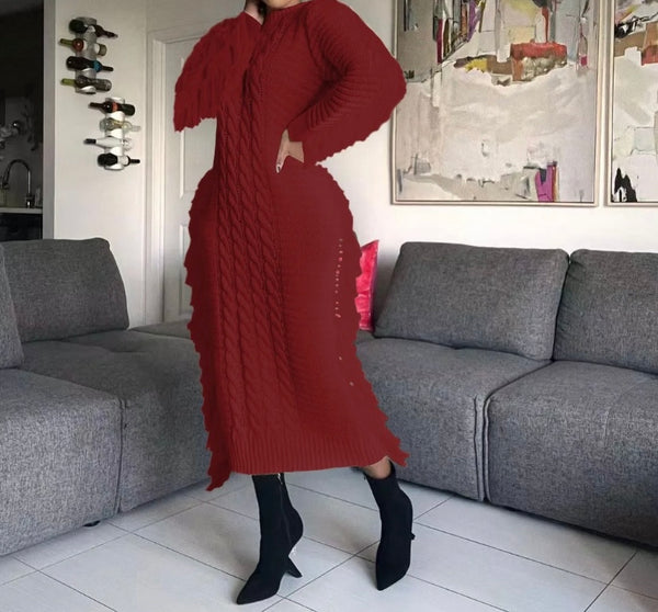 Women Full Sleeve Fringe Fashion Sweater Maxi Dress