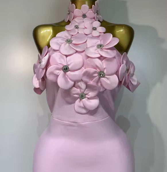 Women Pink Bling Floral Halter Sleeveless Sexy Maxi Dress
