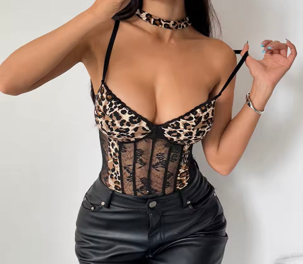 Women Sexy Leopard Print Lace Full/Sleeveless Bodysuit Top