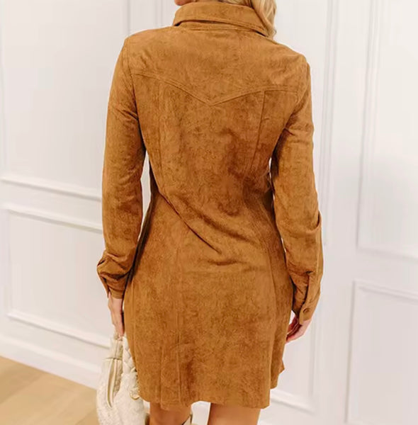 Women Fashion Printed Full Sleeve Button Up Suede Dress