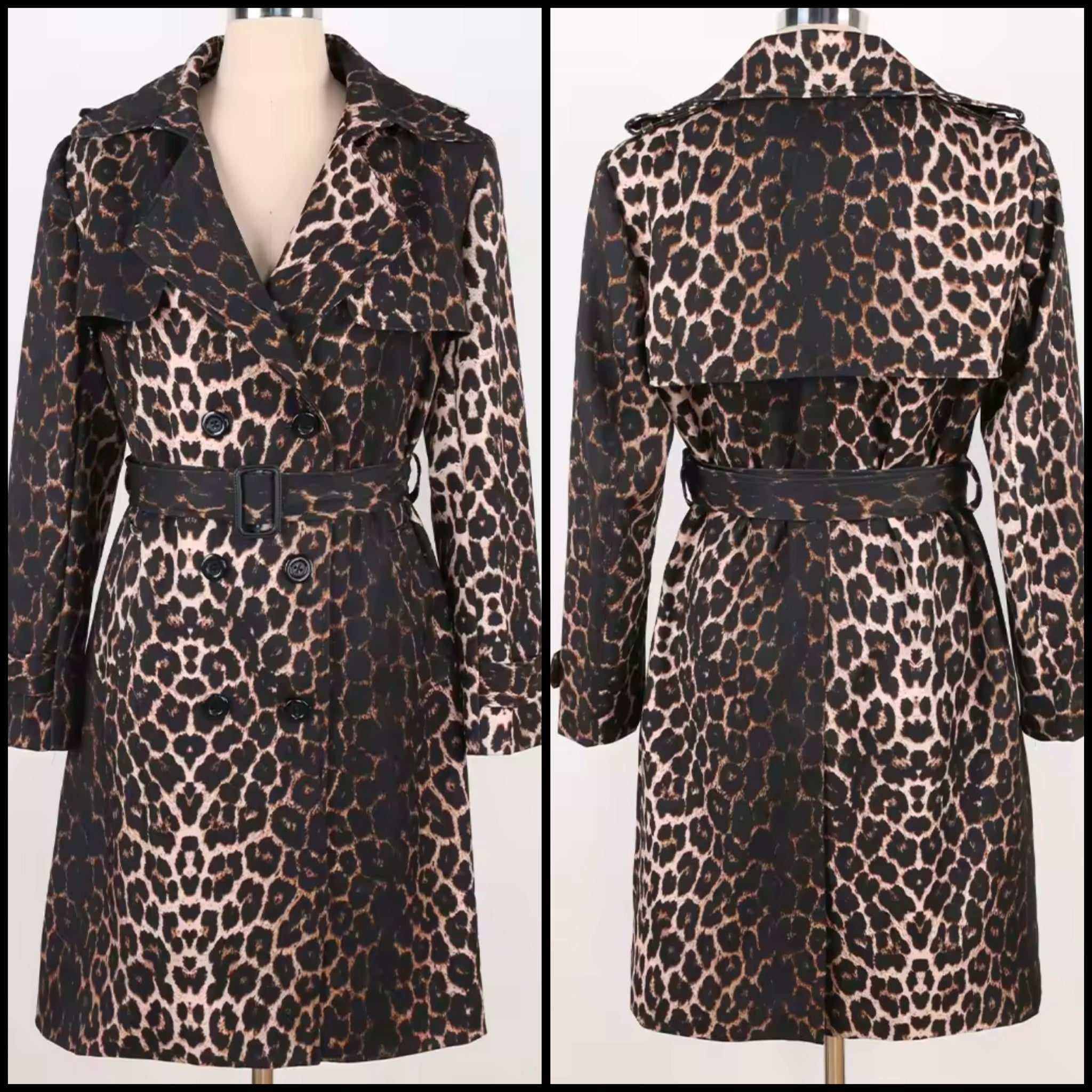 Women Fashion Leopard Belted Trench Jacket