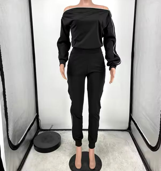 Women Fashion Off The Shoulder Full Sleeve Zipper Two Piece Pant Set