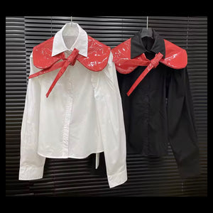 Women Button Up Full Sleeve PU Shawl Two Piece Top