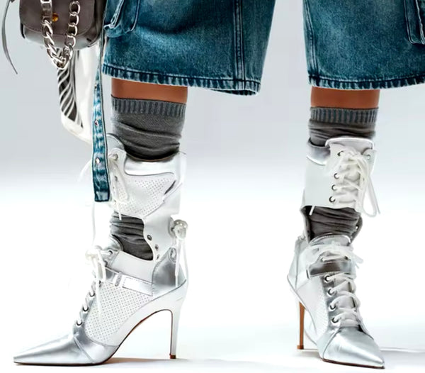 Women Pointed Toe Color Patchwork Lace Up Fashion Boots