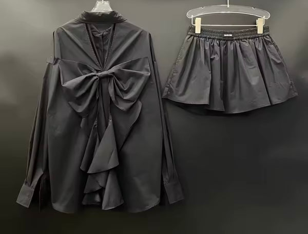 Women Ruffled Bow Full Sleeve Fashion Two Piece Skirt Set